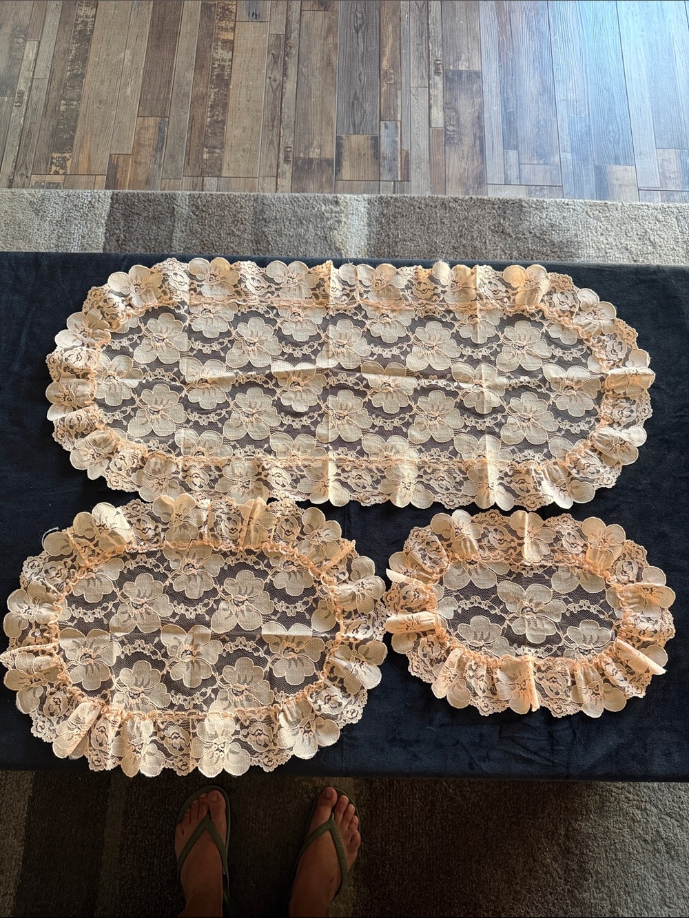 Set of 3 Peach Lace Doilies Dresser Scarves - Floral Trim